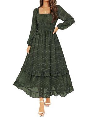 Elegant Swiss Dot Chiffon Maxi Dress for Women | Fall Wedding Guest Outfit